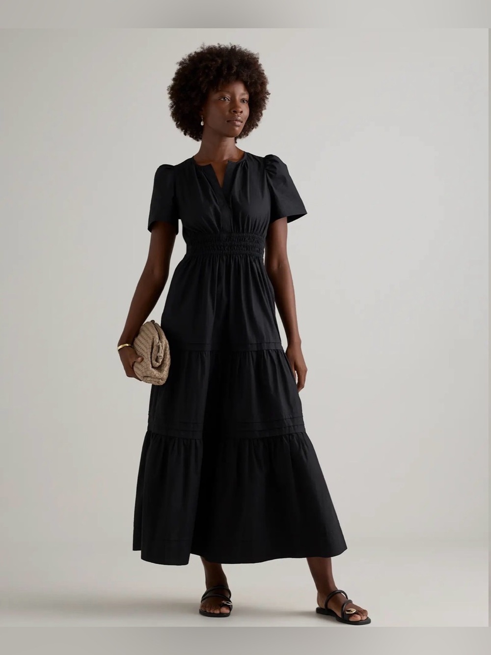 Quince Black Tiered Short-Sleeve Midi Dress